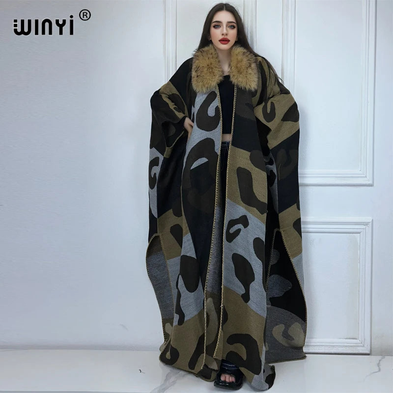 WINYI Africa Collo in pelliccia artificiale Cardigan invernale maxi kimono vestito da festa abaya dubai luxur abiti invernali per donna piumino