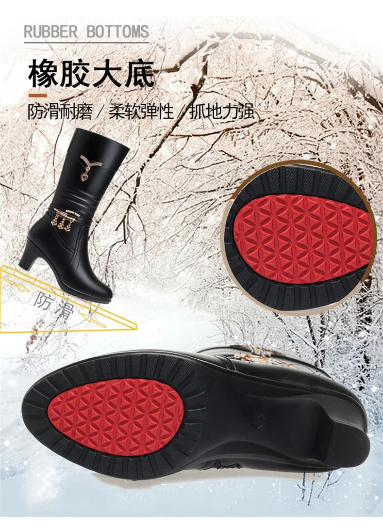 Women Comfortable Fleece Medium Boots Autumn Winter New Style Thick Heel Side Zipper Pointed Fashion High Heels Boots