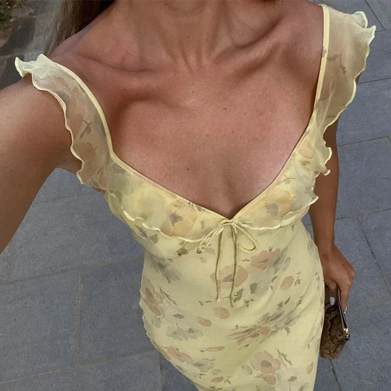 Abiti retrò con scollo a V Abito lungo maxi con stampa floreale gialla senza maniche Abiti eleganti da festa femminili a vita alta
