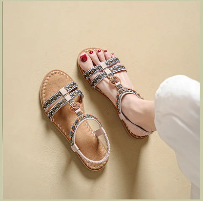 Elegante Damen-Sommersandale im Bohemian-Stil, rutschfest, bequem, für Alltag, Urlaub, flache Strandschuhe