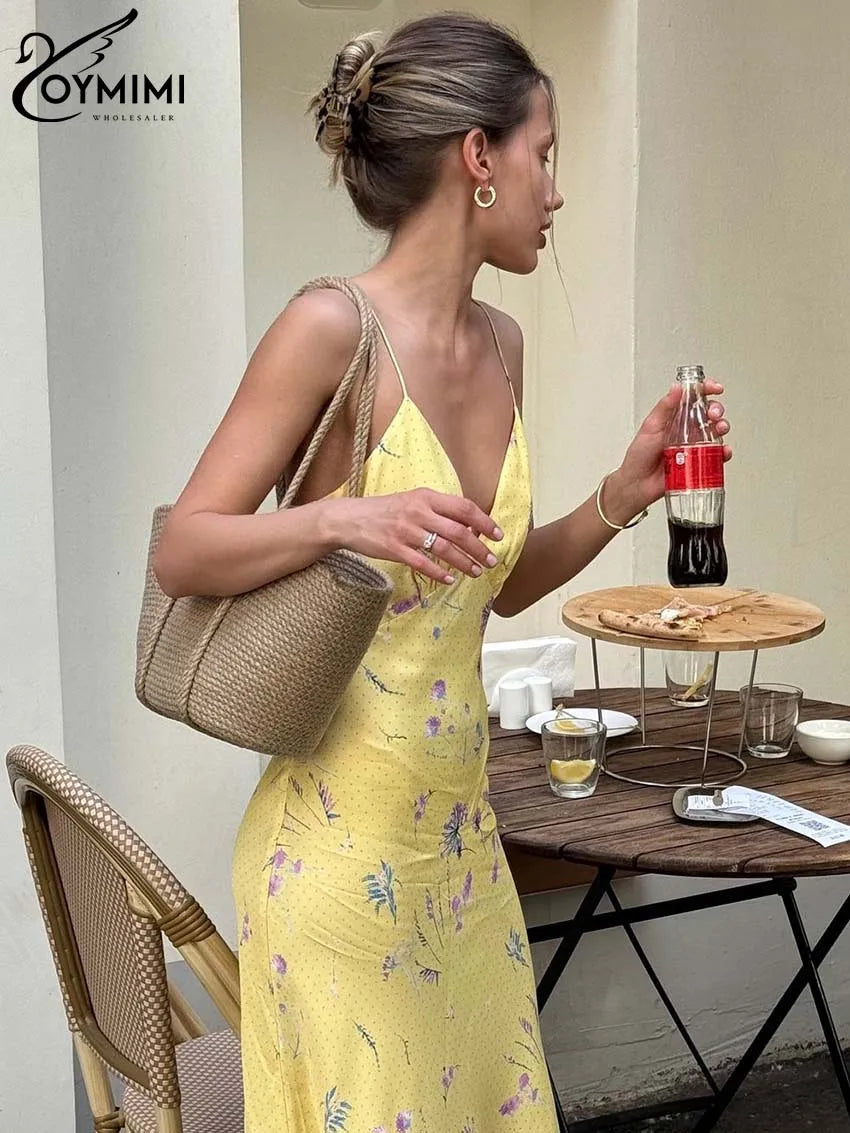 Oymimi Abito da donna casual con stampa gialla Elegante cinturino per spaghetti Abiti aperti sul retro Abito alla caviglia a vita alta moda autunnale
