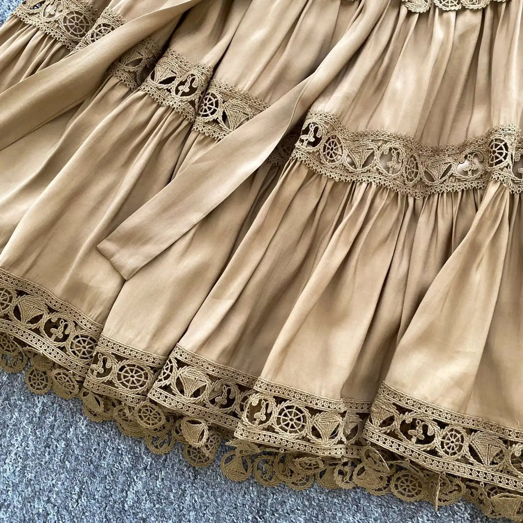 Abiti midi scavati di lusso Camicia da donna Vacanza estiva Elegante bottone monopetto Cintura in pizzo Ricamo Vestido lungo da festa