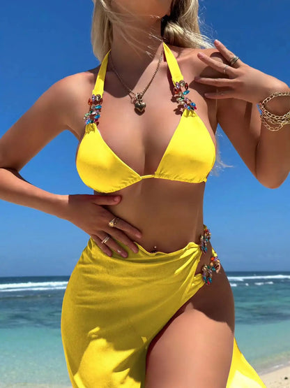 Bikini Giallo Sexy con Strass 2026, Costume da Bagno Femminile, Set Bikini Brasiliano, Abbigliamento da Spiaggia