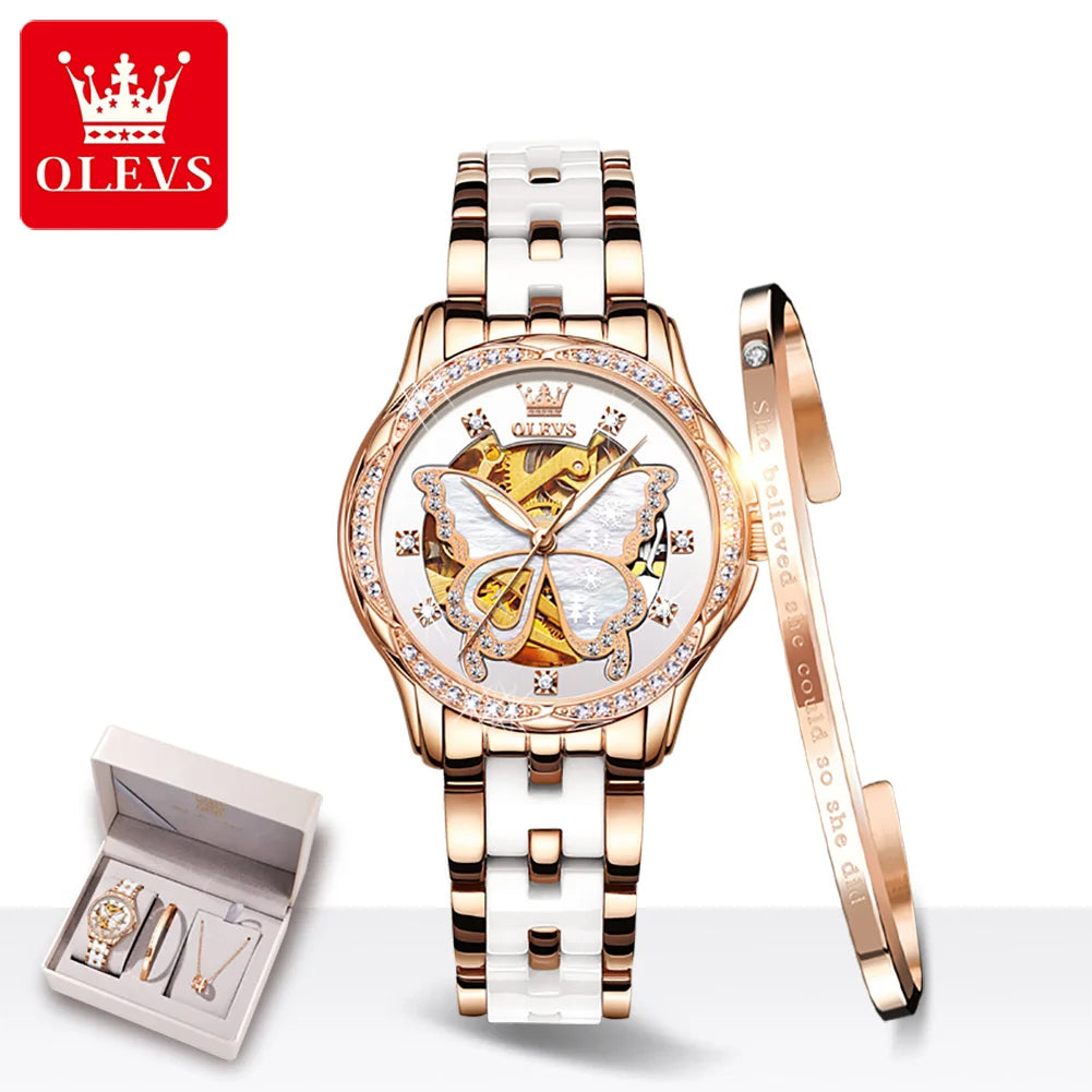OLEVS 6622 Orologio da donna con quadrante a farfalla Orologio meccanico impermeabile di lusso per donna Orologio da polso automatico con cinturino in ceramica cava