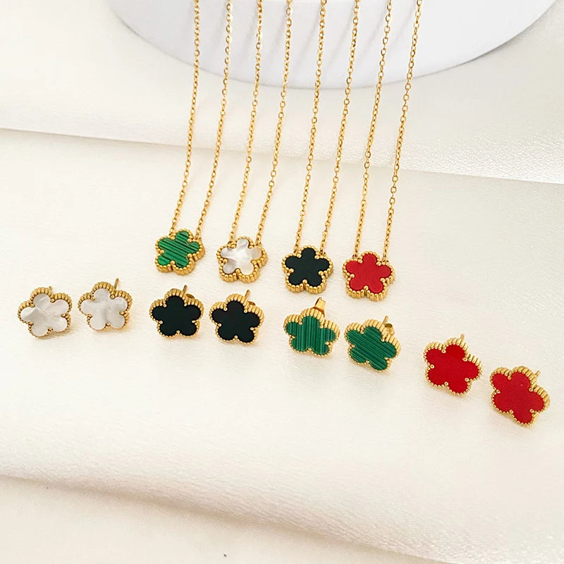 3 pezzi in acciaio inossidabile 316L di lusso fiore di pruno pianta a cinque foglie fiore collana orecchini braccialetto per le donne set di gioielli regalo