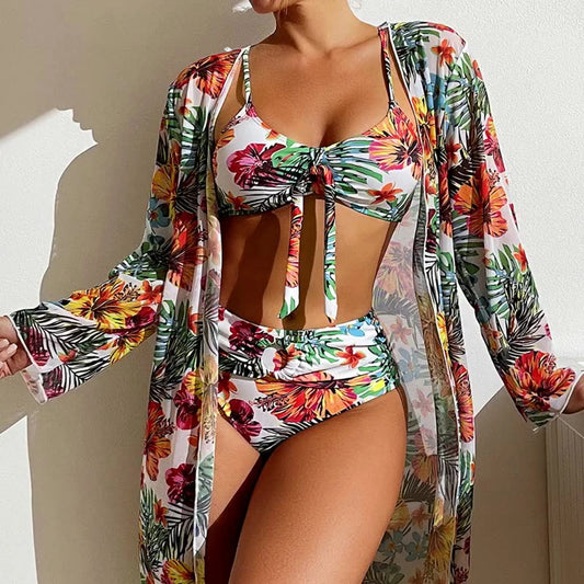 Bikini sexy a vita alta 3 pezzi Costume da bagno stampato floreale Taglia 3XL-S Set bikini da donna con camicetta a maniche lunghe in rete Super vendite