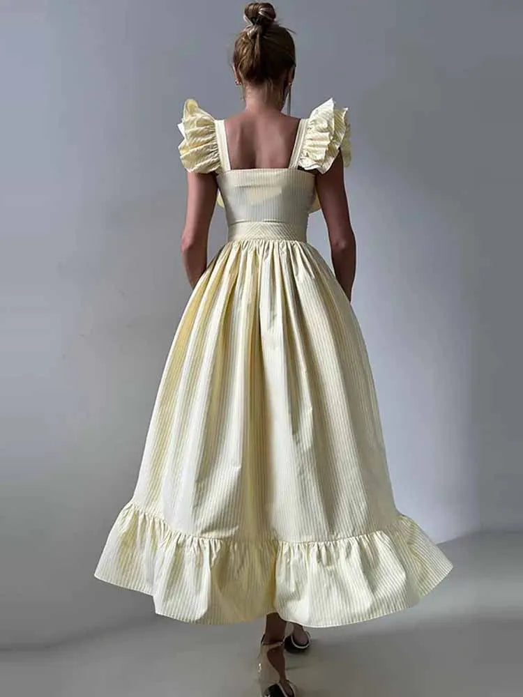 BKQU Abito lungo elegante con maniche volanti a righe con volant Abito lungo da donna chic con colletto quadrato sottile monopetto Abito lungo da festa estivo femminile