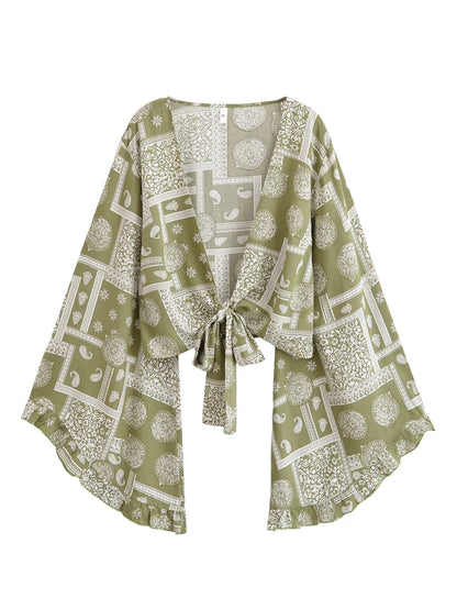Boho Queens Donna Abiti con stampa floreale marrone Kimono Abito Abiti bohémien Pantaloni a gamba larga 2 pezzi Rayon Boho Set costume da bagno