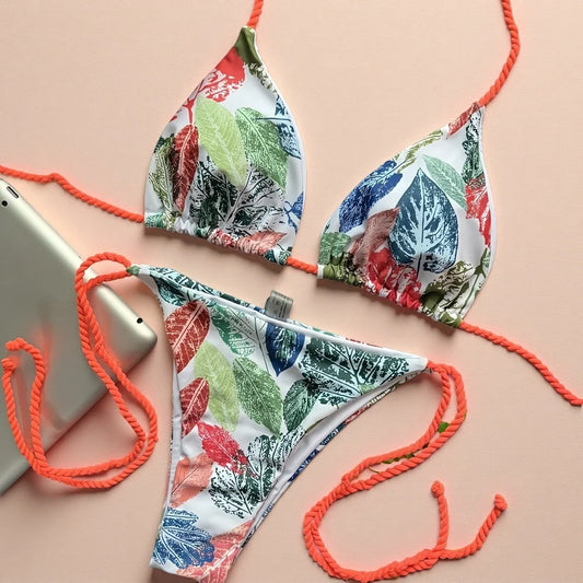 Maillot de bain deux pièces sexy pour femme, style bikini noué, imprimé feuille triangulaire, maillot de bain de plage été 2026