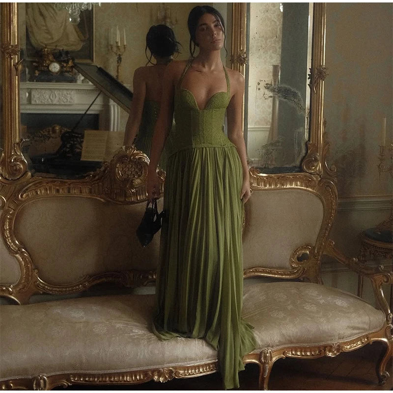 Chic Green Fishbone Halter Abito lungo Lady Solid Sexy Backless Pieghettato Off-spalla Abiti a trapezio 2025 nuovo abito da festa di Natale
