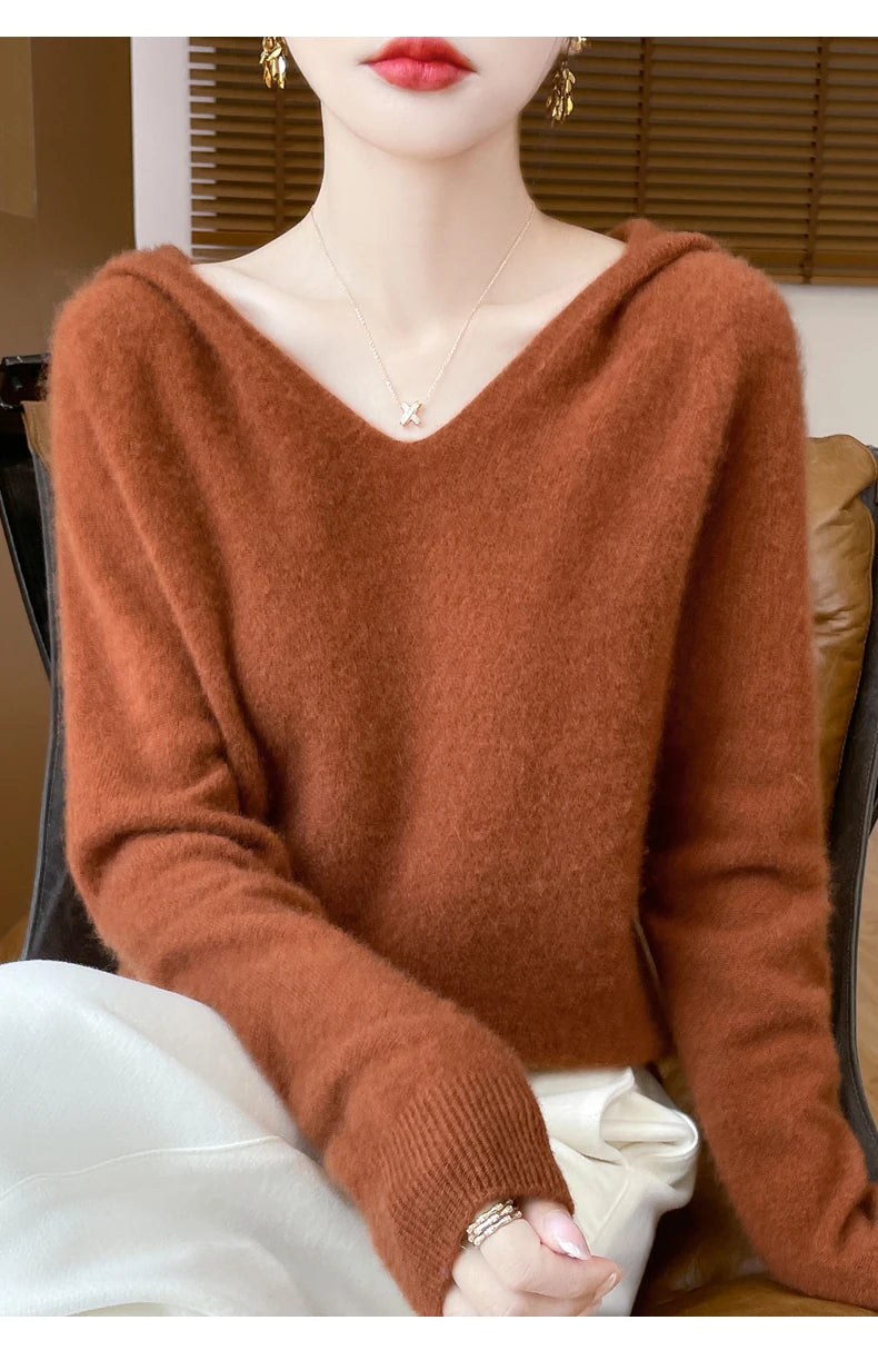 Abbigliamento donna autunno inverno colletto con cappuccio pullover maglione di lana merino 100% nuova moda top in cashmere che tocca il fondo maglieria morbida