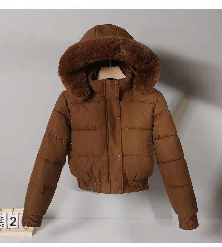 Parka corti invernali da donna, abbigliamento imbottito in cotone, capi esterni più spessi con interno in velluto, cappotti con collo in pelliccia e cappuccio removibile, giacche calde.
