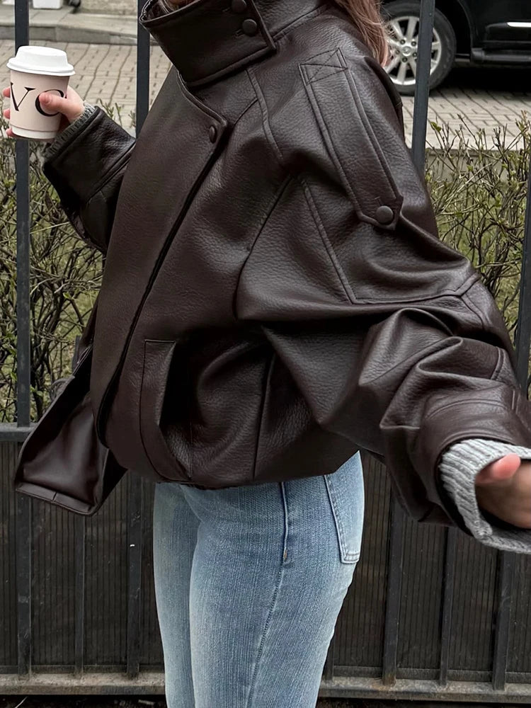 Giacche Corte in Ecopelle Nera alla Moda per Donne, Cappotti Oversize Retrò con Collo Alto e Maniche Lunghe, Abbigliamento Classico da Strada per Autunno e Inverno