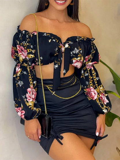 Ensemble deux pièces sexy d'été avec jupe pour femme, haut court chic à col slash et manches lanternes et ensemble robe moulante froncée à motif uni