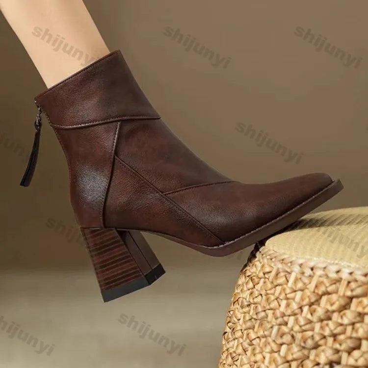 Woman Chunky Ankle Boots Women Zipper Retro Brown Soft Leather Short Boot Autumn New Square Toe Casual High Heel Booties Mujer