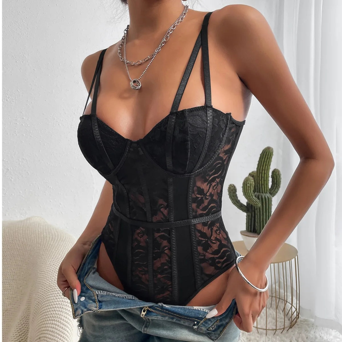 Body sexy in pizzo per donna Corpi Top da donna elegante 2025 Nuova estate Body aderente a costine