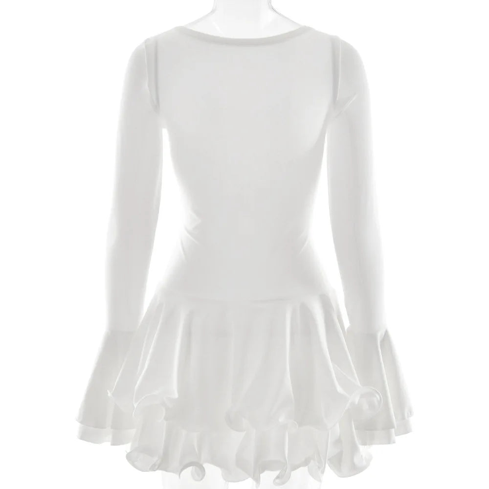 Abito corto sexy con volant patchwork bianco nero Abito corto da donna con maniche lunghe svasate con lacci Mini abiti da festa da sera Donna Blu Rosa Rosso