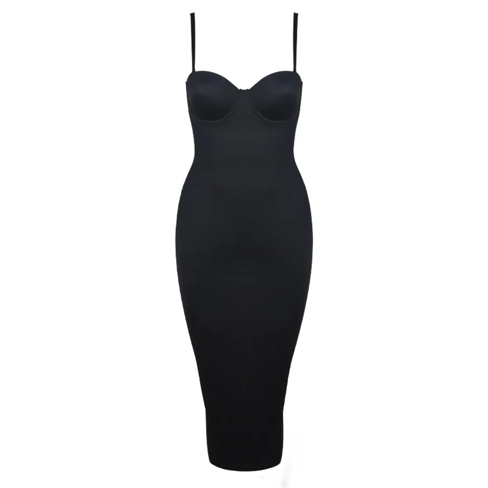 Becirzet Abiti da donna Sexy Girl Push Up Dimagrante Modellamento del corpo Controllo della vita Abito lungo da sera senza schienale con spacco all'americana nero