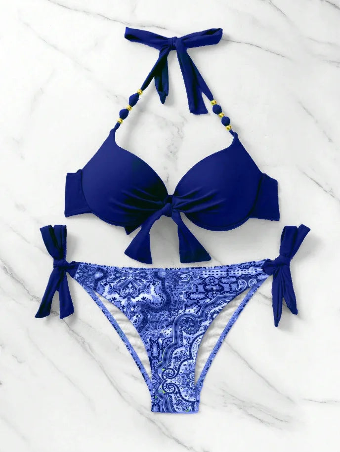 Costume da bagno bikini push-up halter stampato 2026 da donna, sexy, con spalline, per il mare e la piscina