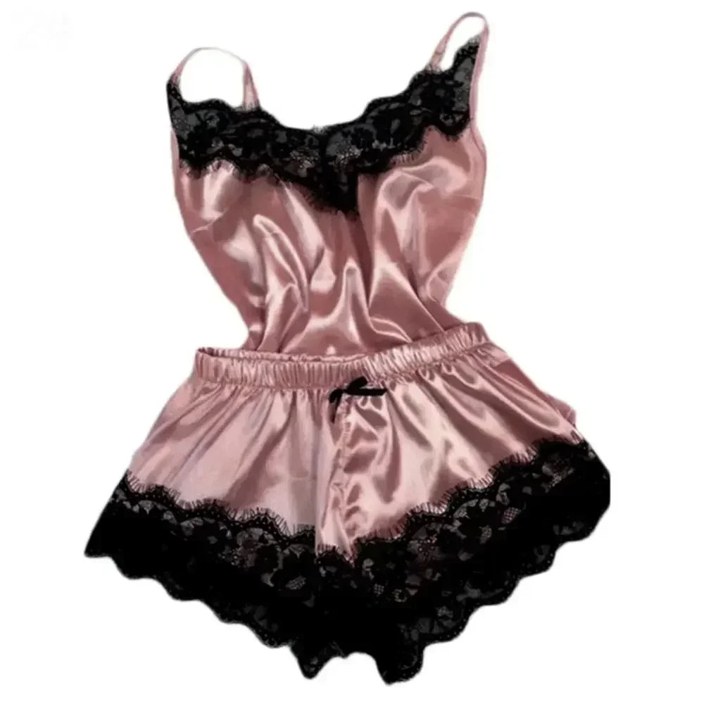 Ensemble de pyjama d'été en dentelle et soie pour femme, nuisette sexy avec caraco et short, ensemble confortable et décontracté