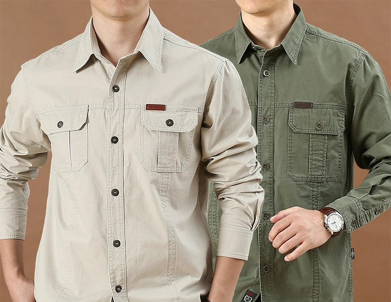 100% cotone di alta qualità primavera autunno moda uomo manica lunga tinta unita camicia Casual Multi tasca 6XL giacca Cargo di grandi dimensioni