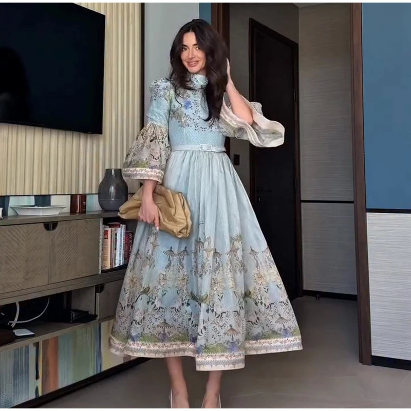 Abito Lungo da Donna con Stampa, Scollo a V, Maniche a Campana, Bordo a Foglia di Loto, Vita Alta, Vestito Maxi Aderente, Elegante Abito da Sera per Feste
