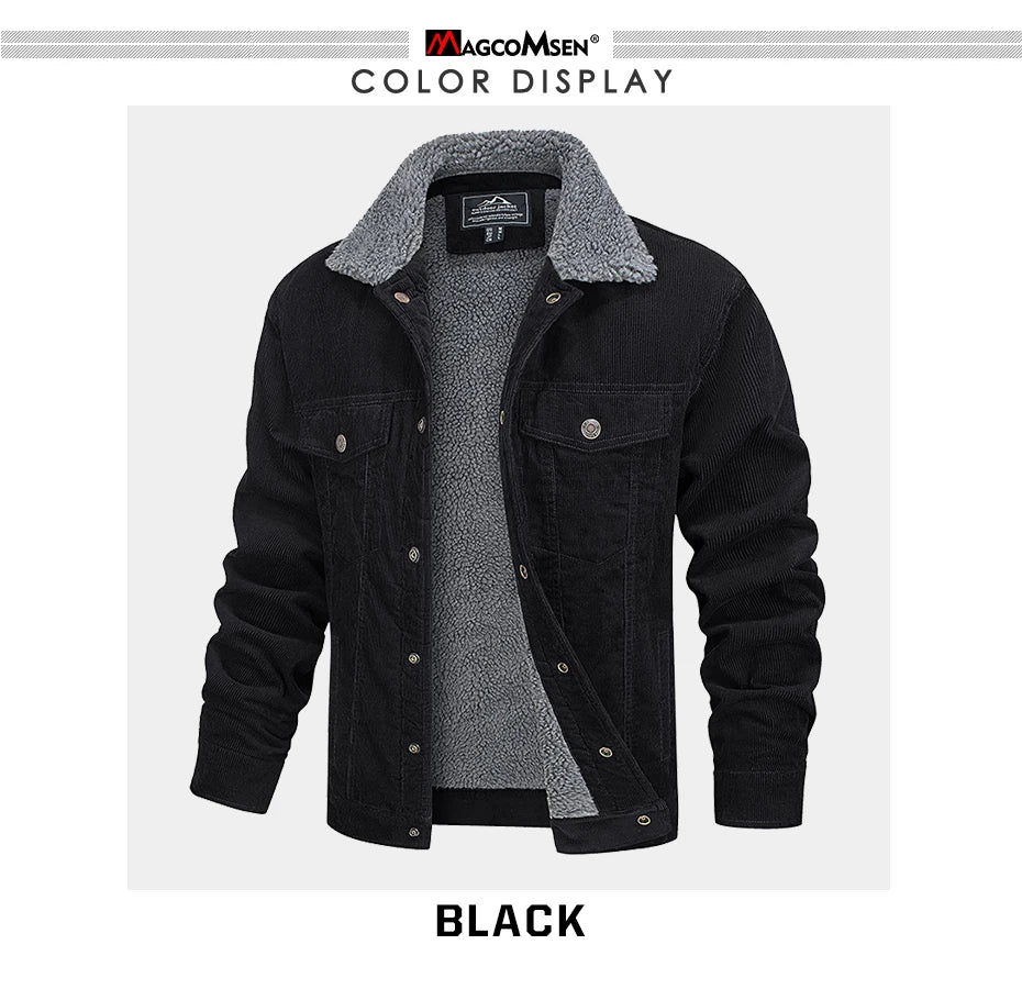 MAGCOMSEN Giacche di velluto a coste da uomo Giacca a vento in pile Sherpa vintage Cappotti invernali spessi e caldi Giacca di jeans casual multitasche