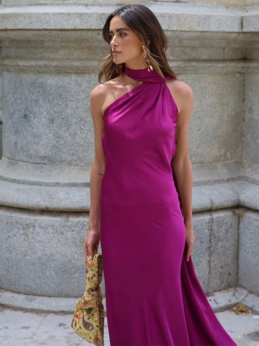 Sciarpa a nastro Halter Abito da donna Spalla inclinata Raso di seta Slim Fit Streamer Grandi abiti sexy senza schienale Abiti lunghi da donna Estate
