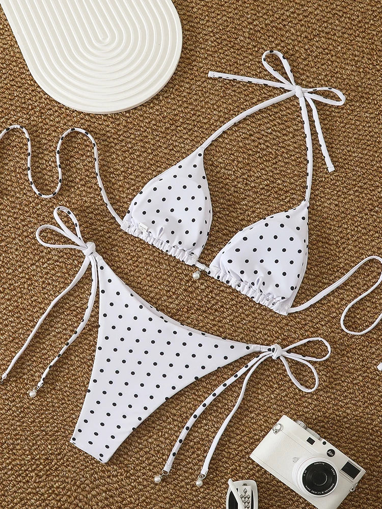 Sexy Micro-Bikini-Sets mit Perlenpunkten, Bademode 2026, Badeanzug für Damen, Strandmode, Damen-Strand-Sommer-Bikini, zweiteiliger Badeanzug