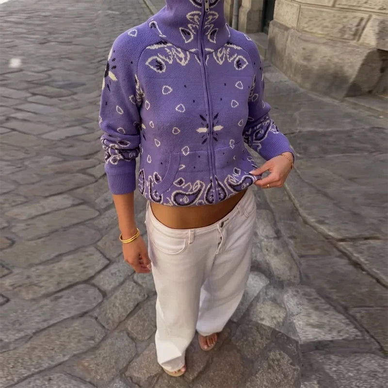 Cardigan da Donna in Maglia Stampata Casual, Maniche Lunghe, Cerniere, Colletto Alto, Tasche, Cappotti Autunno 2026, Abbigliamento Femminile Chic da Strada