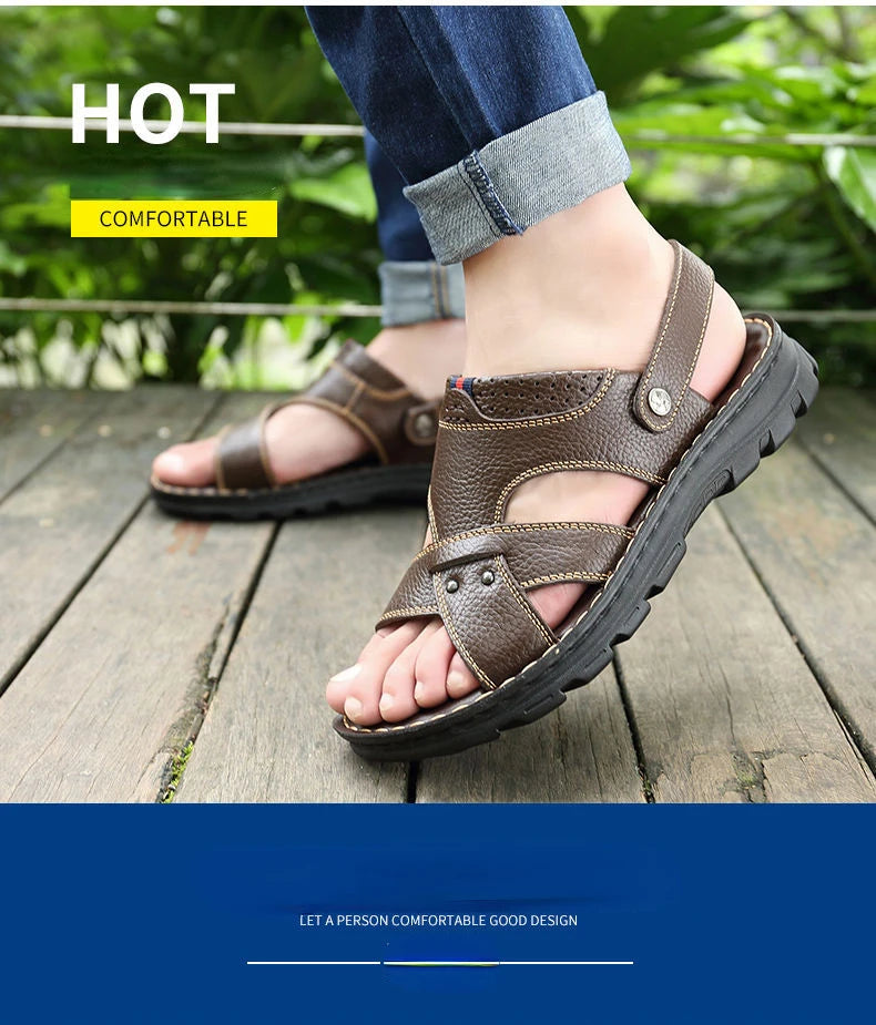 Herren-Ledersandalen für den Sommer, rutschfeste Herrenschuhe aus echtem Leder, Hausschuhe, Strandschuhe mit dicker Sohle für draußen, bequeme, weiche Herren-Sandalen