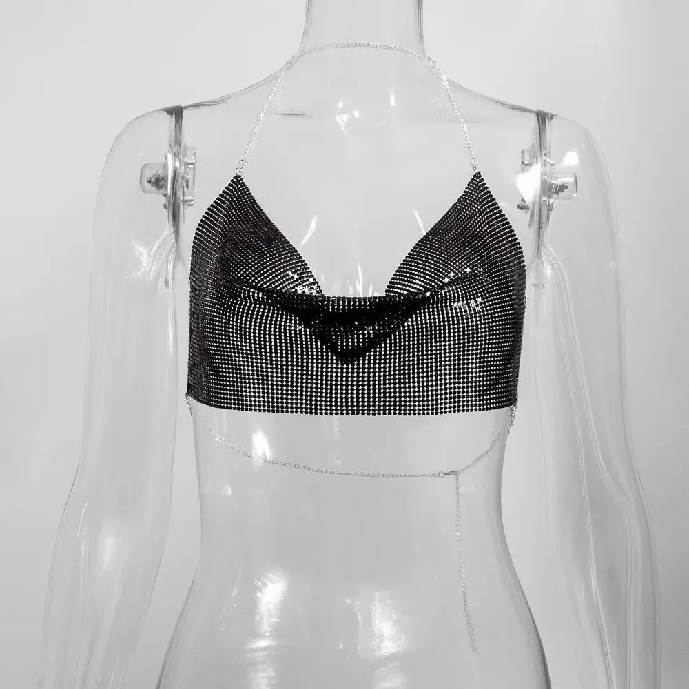 Sexy Estate Con Paillettes In Metallo Crop Magliette E Camicette Bretelle Halter Backless Night Club Canotta 2024 Nuove Donne Abbigliamento Moda Y2k Magliette E Camicette