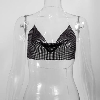 Sexy Estate Con Paillettes In Metallo Crop Magliette E Camicette Bretelle Halter Backless Night Club Canotta 2024 Nuove Donne Abbigliamento Moda Y2k Magliette E Camicette