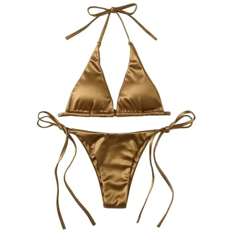 Sexy Halter Satin Brazilian Bikini Women Swimwear Female Swimsuit Two-pieces Bikini Set Bather Bathing Suit Swim Women Swimsuit