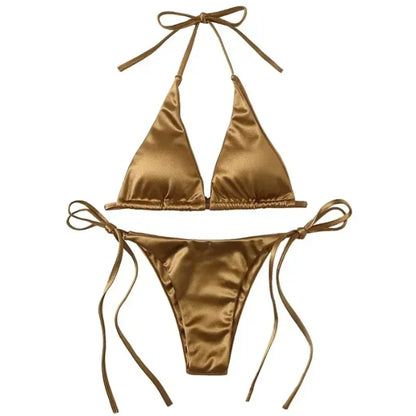 Sexy Halter Satin Brazilian Bikini Women Swimwear Female Swimsuit Two-pieces Bikini Set Bather Bathing Suit Swim Women Swimsuit