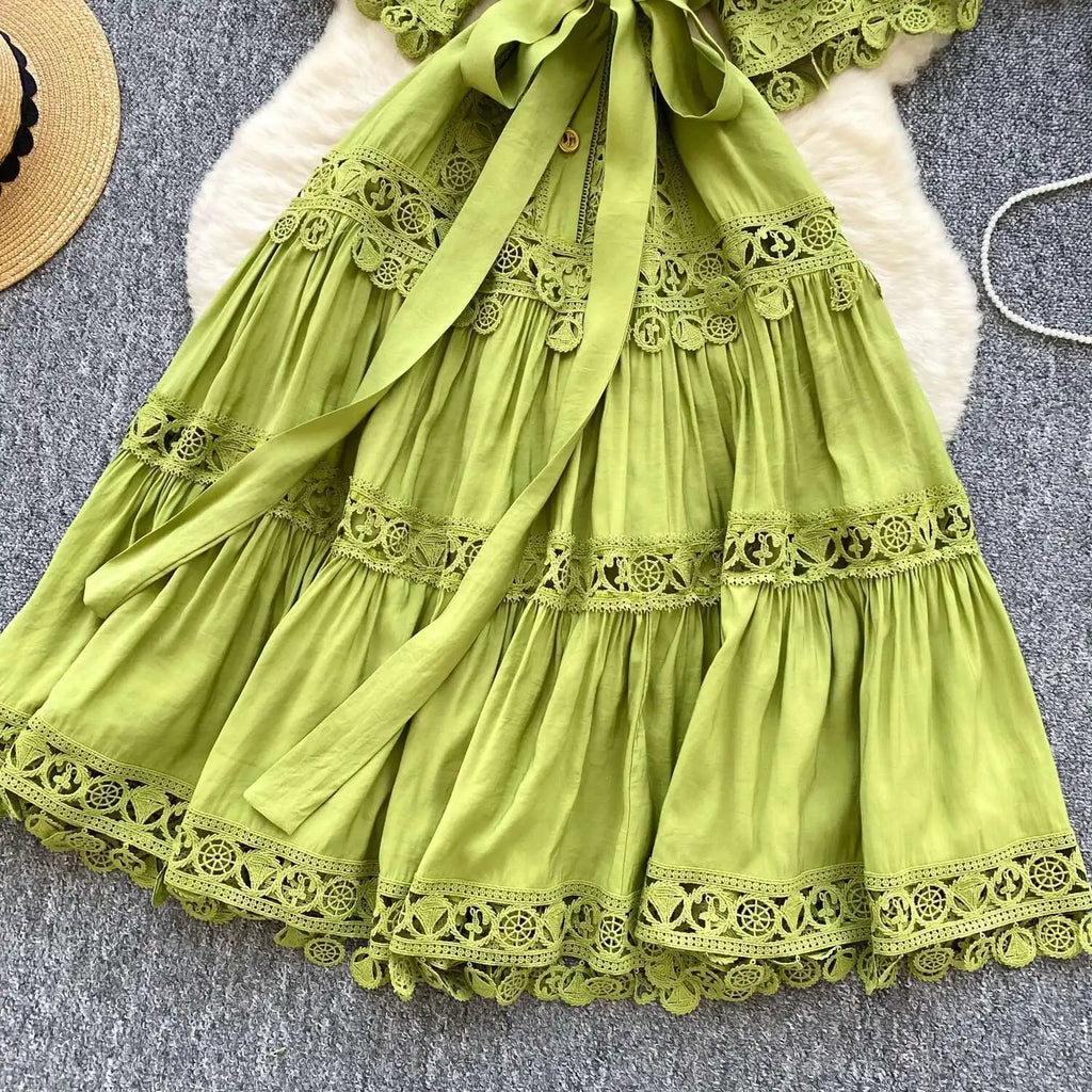 Abiti midi scavati di lusso Camicia da donna Vacanza estiva Elegante bottone monopetto Cintura in pizzo Ricamo Vestido lungo da festa