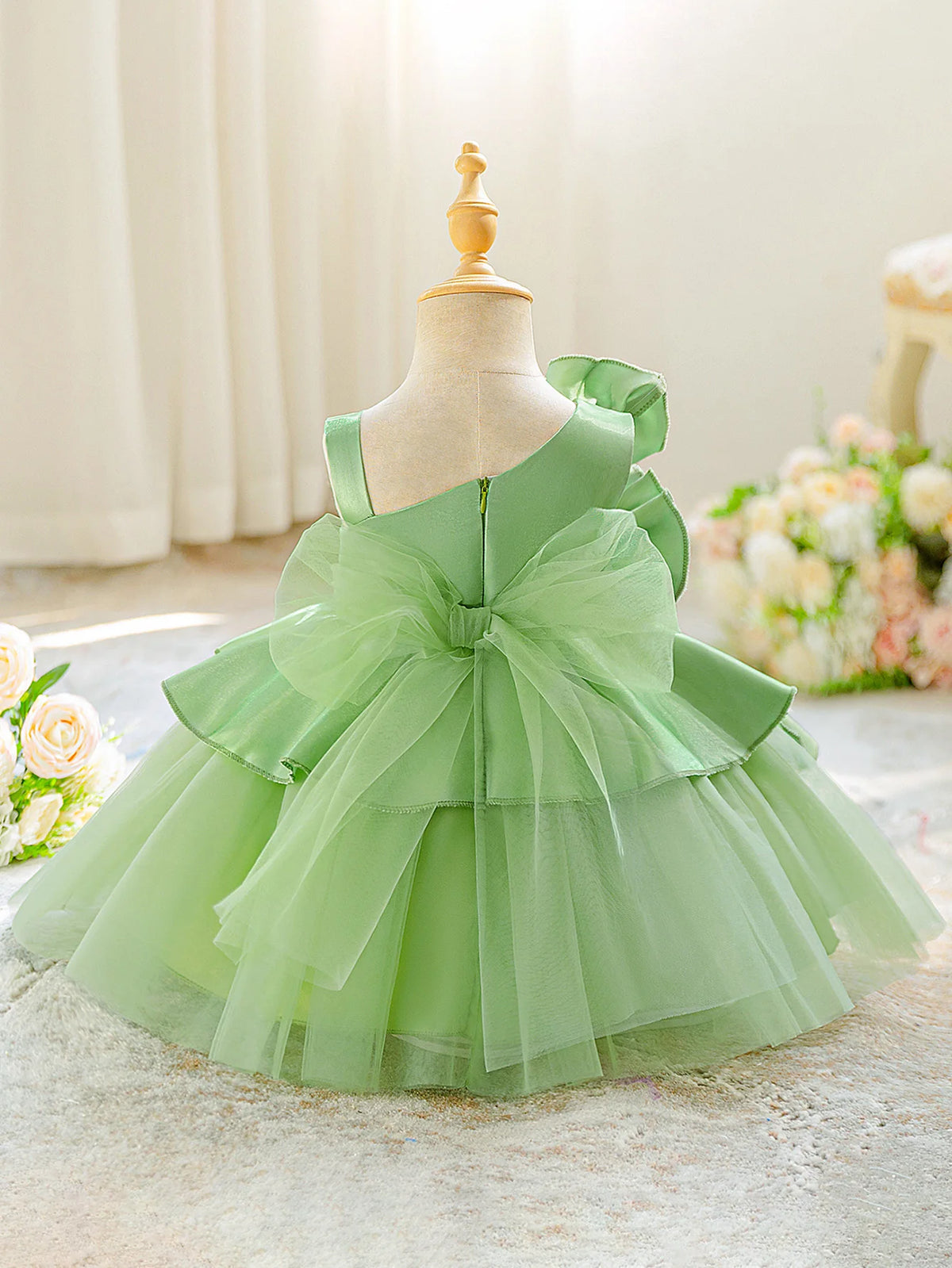 Elegant Fold Flower Party Baby Girl Dresses Toddler Tulle 1st Birthday Princess Dress for Kids Bow Wedding Bridesmaids Prom Gown