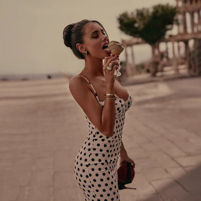 Abito con bretelle a pois Abito estivo da donna nuovo stile senza vita senza maniche Avvolgente sul petto Abito avvolgente a pieghe slim fit Ropa Mujer