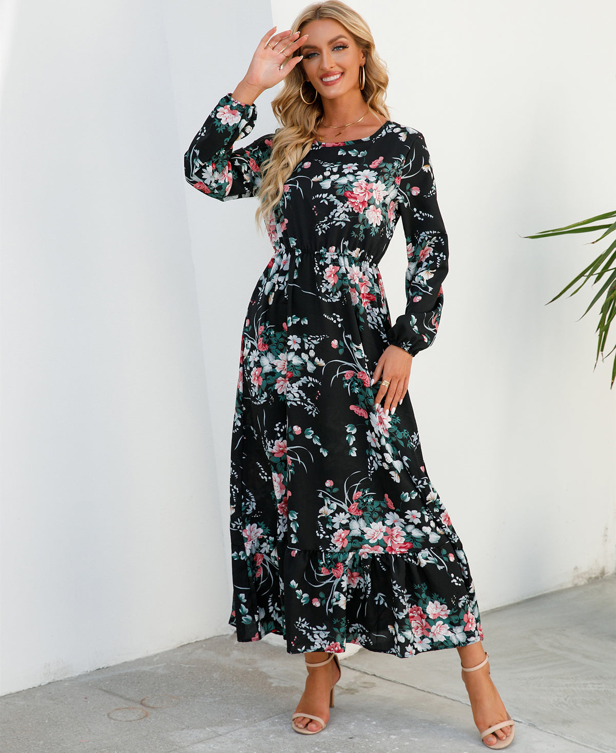 Maxi abiti da donna Sping autunno bohémien Casual manica intera vita alta spiaggia donna abiti in Chiffon abito lungo floreale vestido