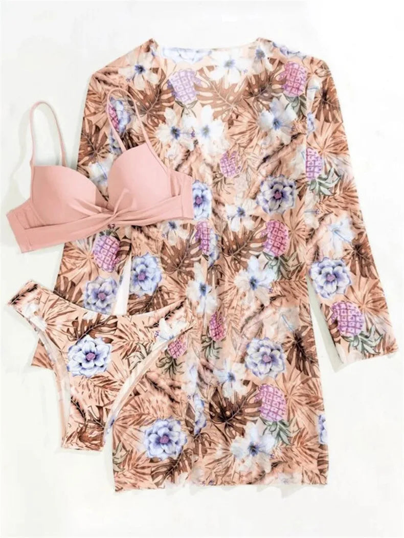 Bohemian Style Print Bikini Sets Women Fashion Sexy Spaghetti Strap Bikini Cardigan Three Piece Sets Beach Vacation Swimsuit