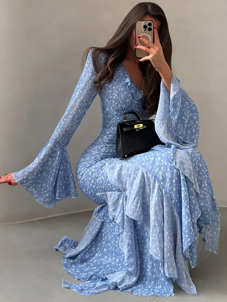 Abito Lungo da Donna con Stampa, Scollo a V, Maniche a Campana, Bordo a Foglia di Loto, Vita Alta, Vestito Maxi Aderente, Elegante Abito da Sera per Feste
