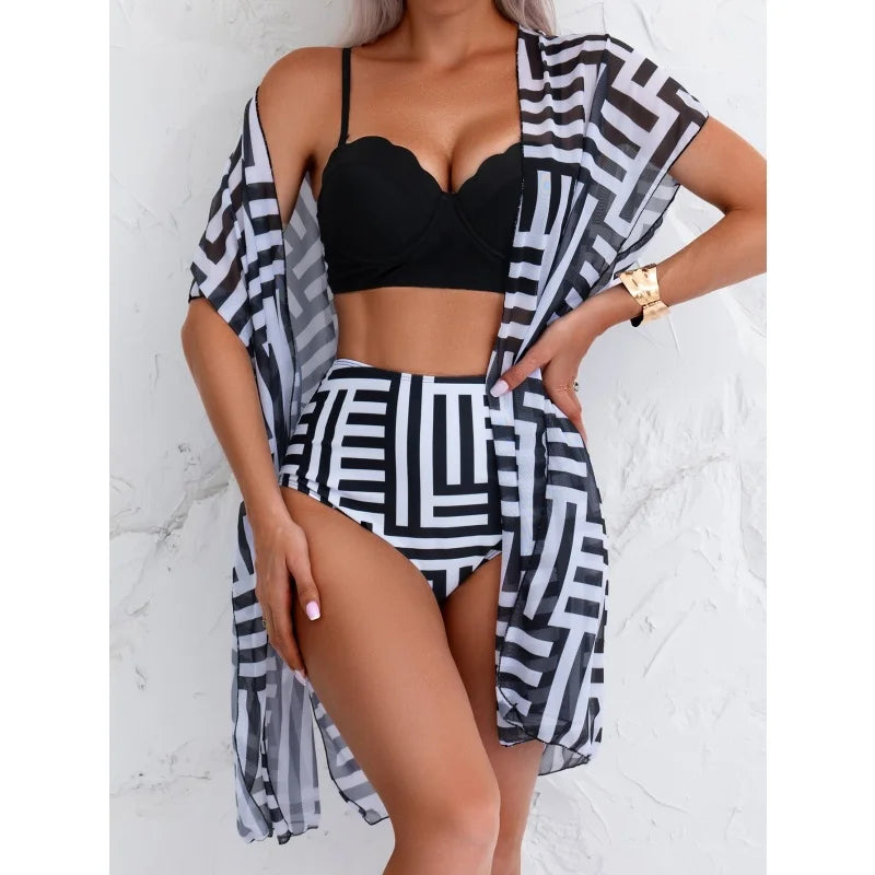 Elegante stampa 3 pezzi bikini set costume da bagno donna vintage bikini a vita alta maglia cover up 2025 nuovo costume da bagno biquini femminile