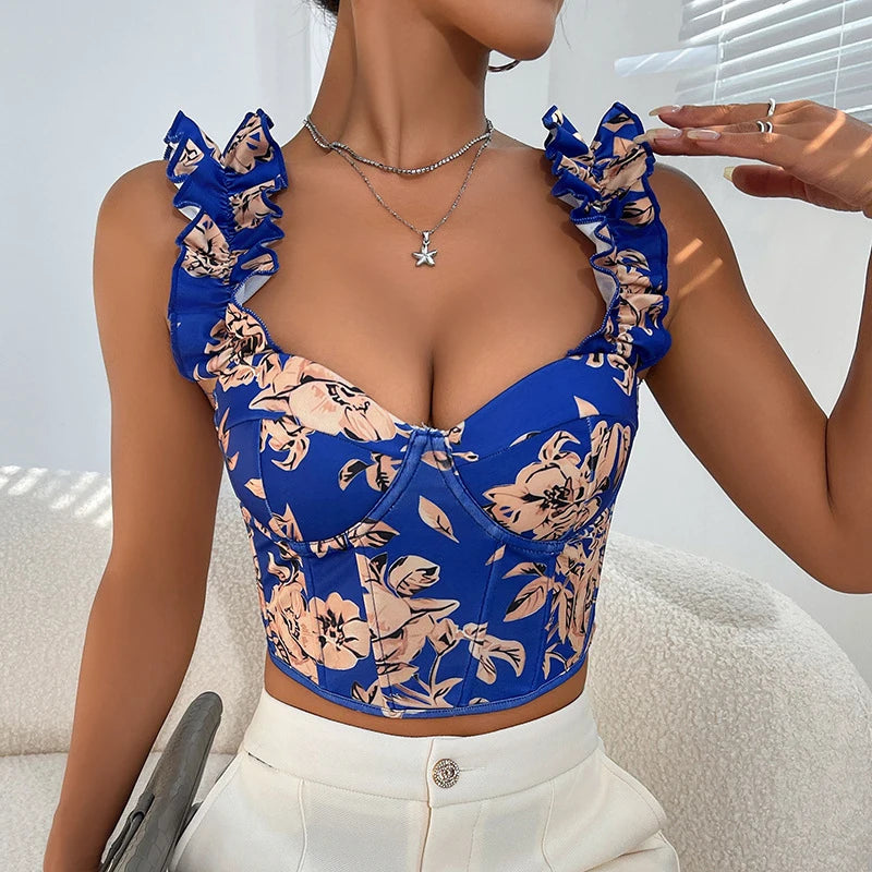 Sommer Sexy Camisole Tops Damen Blumen Rüschen Rückenfrei Bandage Fischgräten-Tanks Slim Süß Ärmelloses Hottie Streetwear Weste