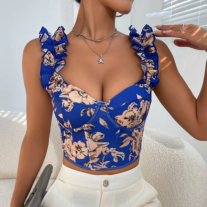 Sommer Sexy Camisole Tops Damen Blumen Rüschen Rückenfrei Bandage Fischgräten-Tanks Slim Süß Ärmelloses Hottie Streetwear Weste