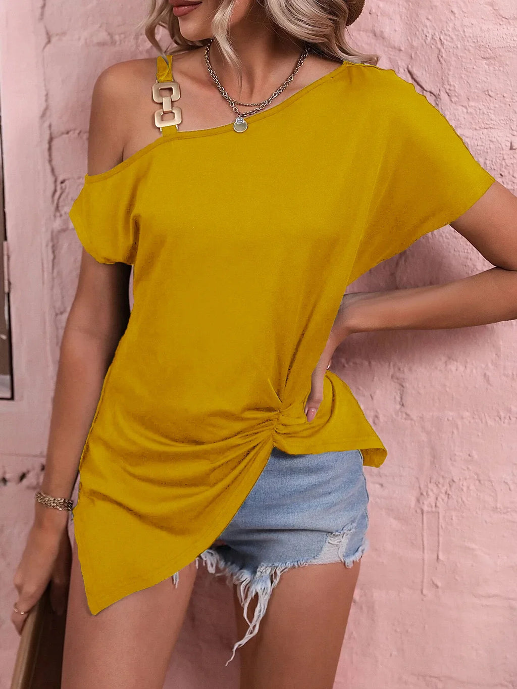 Damen-Sommer-One-Shoulder-Tops sexy asymmetrische einfarbige Kurzarm-T-Shirts