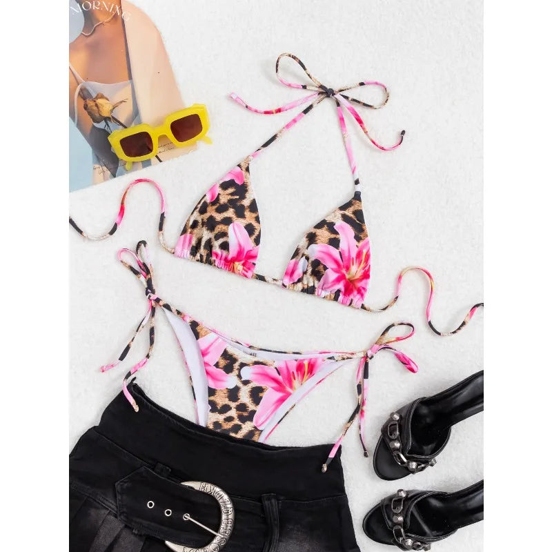 Ensemble bikini deux pièces sexy imprimé léopard Soutien-gorge triangle Bretelles dos nu Ensemble de maillots de bain à lacets pour les vacances à la plage