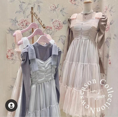 Abiti da donna di nicchia in stile giapponese Primavera Estate Autunno Ragazza Dolce fiocco Abito in rete Lolita Abito lungo con bretelle da fata carina