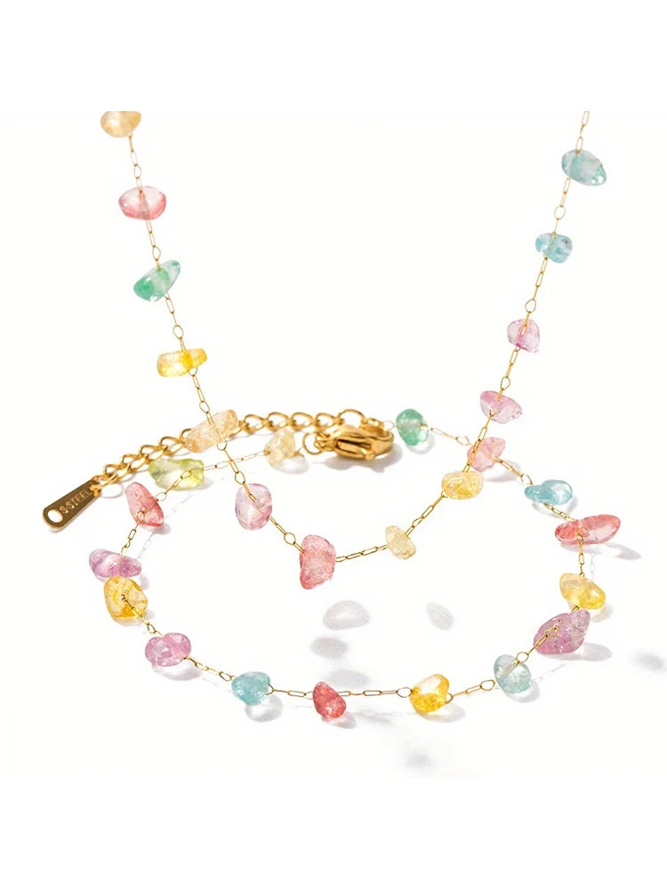 Yupsk Summer New Stainless Steel Colorful Stone Beads Necklace Bracelet Jewelry Set for Women Girls Fashion Accessories