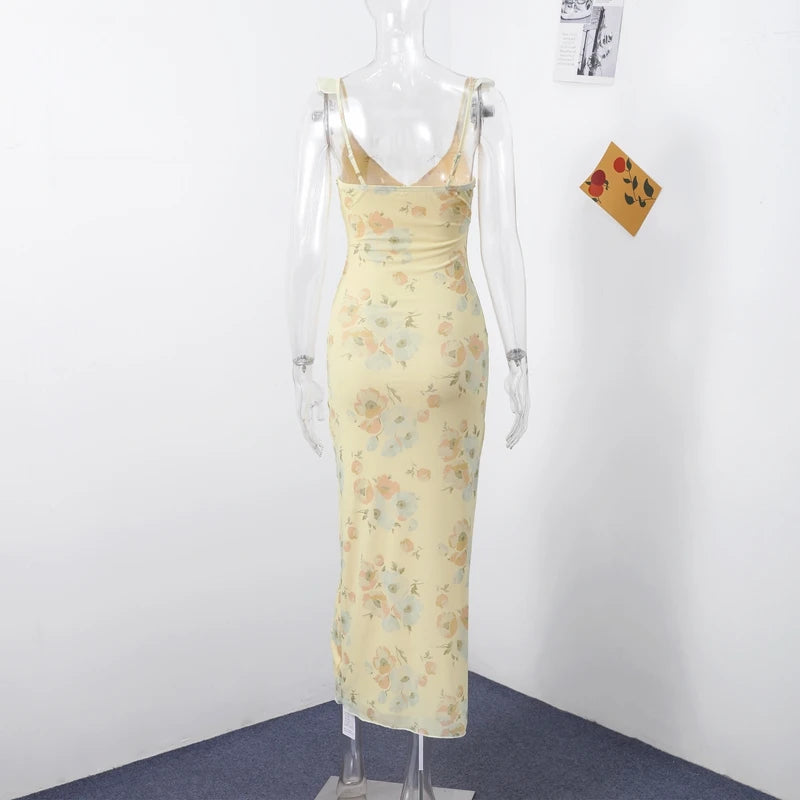 Abito da spiaggia con volant con stampa floreale Abito da donna elegante senza maniche senza schienale scollato con lacci Abiti lunghi 2025 Abito estivo da donna nuova
