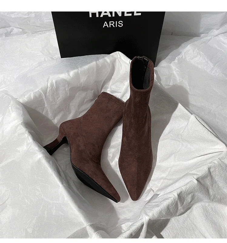 Pointed Toe Women Sock Short Boots Fashion Side Zipper  Ankle Booties Thick High Heel Autumn Winter Ladies Shoes Botas Femininas